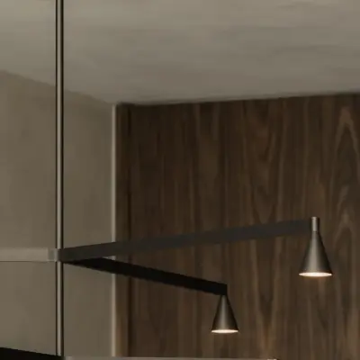 Detail van een hanglamp met zwarte armen en kegelvormige spots voor een houten wand, Appartement in Nieuwpoort, interieur Laura Calleeuw
