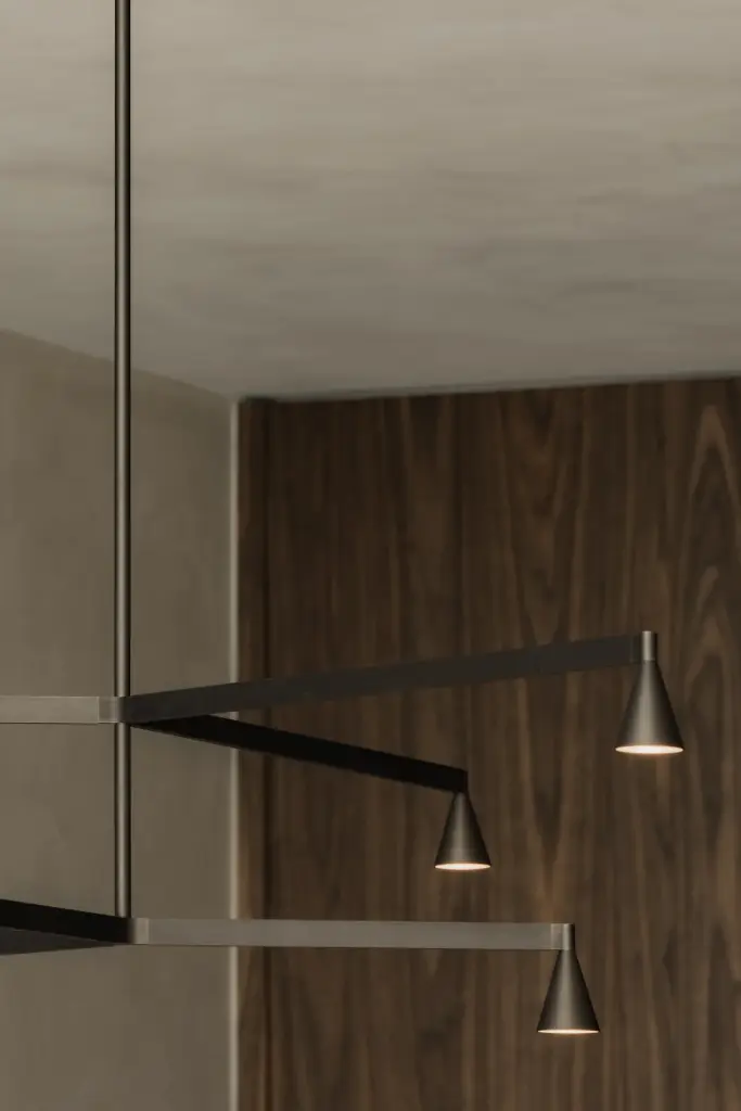 Detail van een hanglamp met zwarte armen en kegelvormige spots voor een houten wand, Appartement in Nieuwpoort, interieur Laura Calleeuw