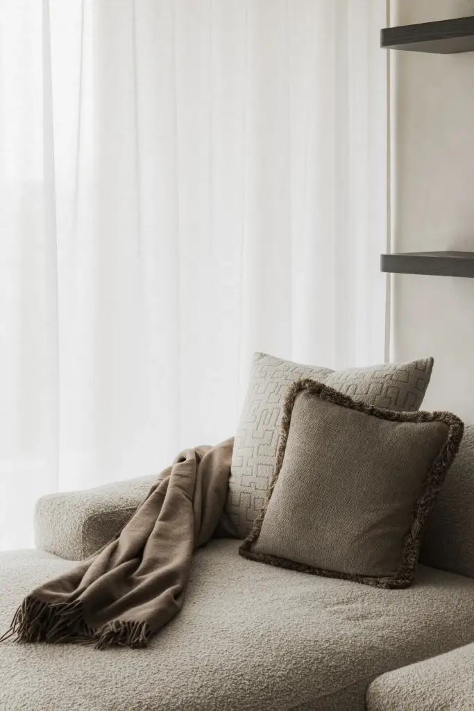 Sofa met plaid en kussens in de leefruimte, Appartement in Nieuwpoort, interieur Laura Calleeuw