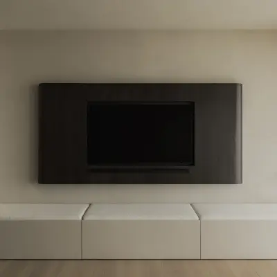 Donker houten televisiepaneel boven een lage zitbank in een nis, Appartement in Nieuwpoort, interieur Laura Calleeuw