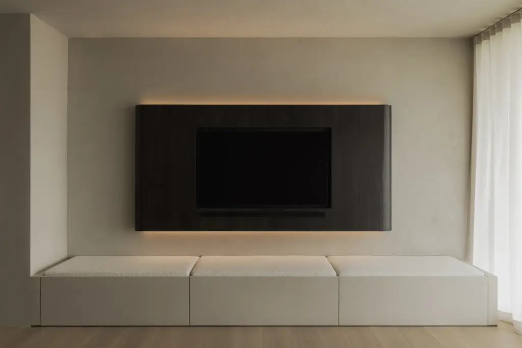 Televisie in een donker houten paneel met indirect licht boven een lage zitbank, Appartement in Nieuwpoort, interieur Laura Calleeuw