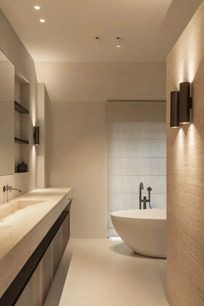 Badkamer met travertijnen wastafel, wandlamp en vrijstaand bad, Gezinsvilla in Heusden-Zolder, interieur Laura Calleeuw