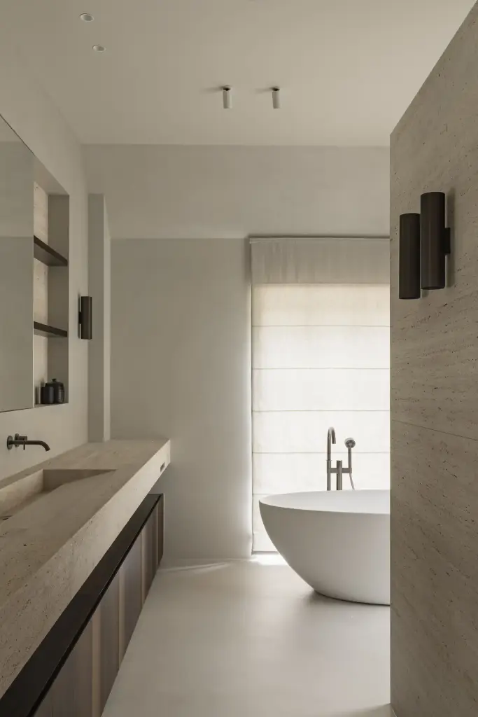 Badkamer met natuurstenen wastafel, wandlamp en vrijstaand bad, Gezinsvilla in Heusden-Zolder, interieur Laura Calleeuw