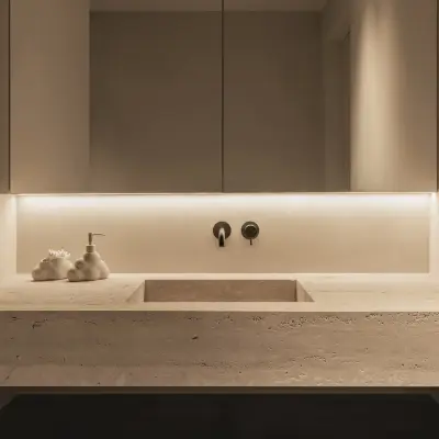Badkamer met wastafel in travertijn, wandkranen en spiegelkasten met indirect licht, Gezinsvilla in Heusden-Zolder, interieur Laura Calleeuw