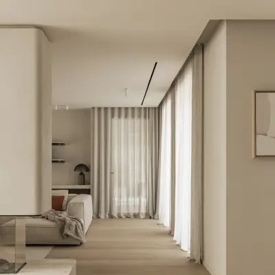 Lange doorkijk door de leefruimte met vitrage en een kunstwerk, Gezinsvilla in Heusden-Zolder, interieur Laura Calleeuw
