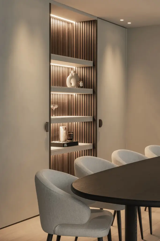 Ovale eettafel met stoelen naast de verlichte kastnis, Gezinsvilla in Heusden-Zolder, interieur Laura Calleeuw