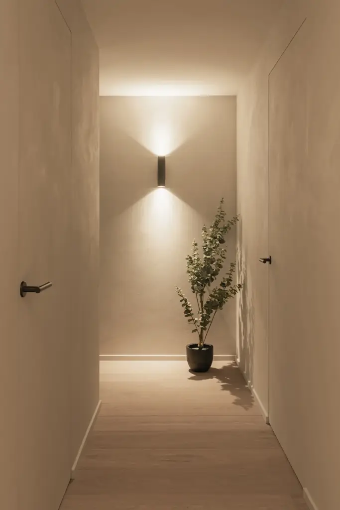 Gang met wandlamp, een plant en vlakke deuren, Gezinsvilla in Heusden-Zolder, interieur Laura Calleeuw