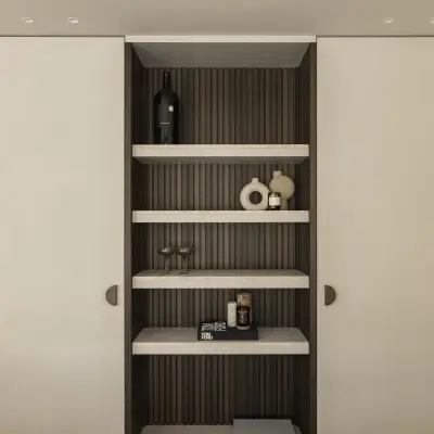 Kastenwand met open nis in houten ribbels en ronde grepen op de gepleisterde deuren, Gezinsvilla in Heusden-Zolder, interieur Laura Calleeuw