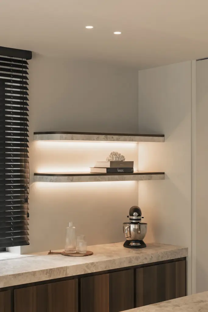 Verlichte planken boven een werkblad met keukenmachine naast een houten jaloezie, Gezinsvilla in Heusden-Zolder, interieur Laura Calleeuw