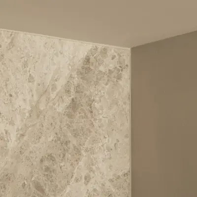 Detail van een hoek in gevlamd natuursteen, Gezinsvilla in Heusden-Zolder, interieur Laura Calleeuw