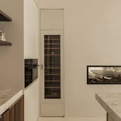 Wijnklimaatkast en inbouwoven naast een lage open haard in de keuken, Gezinsvilla in Heusden-Zolder, interieur Laura Calleeuw
