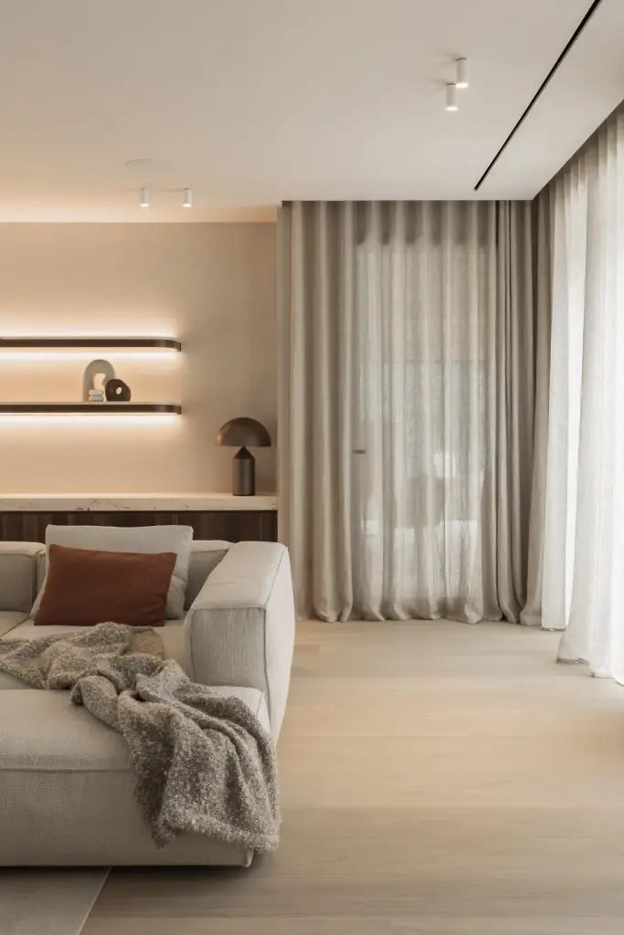 Sofa met plaid onder wandplanken met indirecte verlichting, Gezinsvilla in Heusden-Zolder, interieur Laura Calleeuw