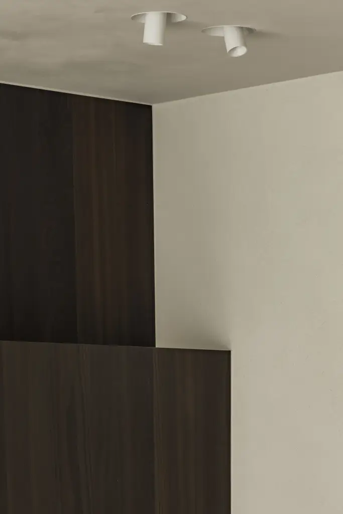 Opbouwspots aan het plafond naast een donker houten paneel, a home that invites you to slow down, interieur Laura Calleeuw