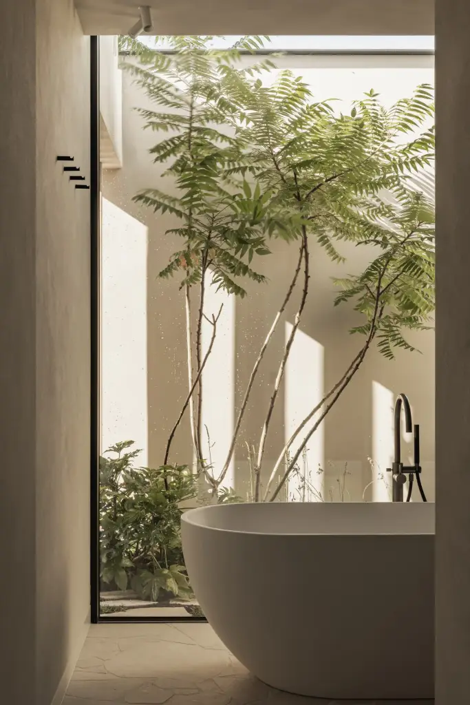 Vrijstaand bad bij een hoog venster met zicht op de boom in de patio, a home that invites you to slow down, interieur Laura Calleeuw