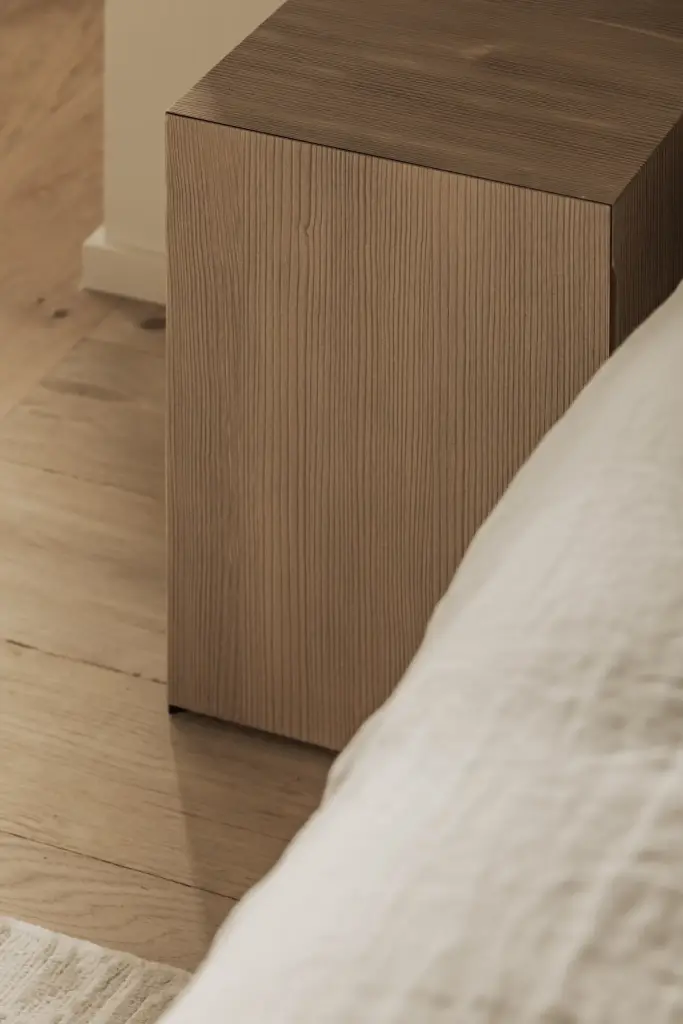 Hoek van een kast met geribbeld eikenhouten front naast het bed, Hoeve in Westkapelle, interieur Laura Calleeuw
