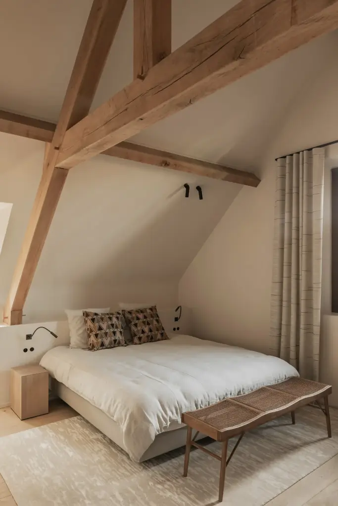 Slaapkamer onder houten balken met bed, houten bank en een wollen tapijt, Hoeve in Westkapelle, interieur Laura Calleeuw