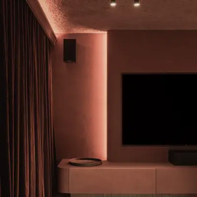 Televisiewand met ledlijn, zwevend meubel en zwarte spots, Hoeve in Westkapelle, interieur Laura Calleeuw