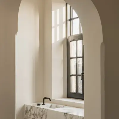Toilet met boogvormige nis, raam en marmeren wastafel, Hoeve in Westkapelle, interieur Laura Calleeuw