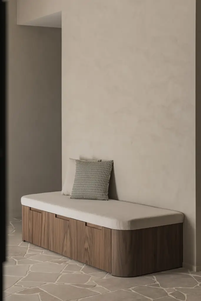 Zitbank in notelaar met linnen kussen op een vloer van natuurstenen platen, a masterful balance between authenticity and comfort, interieur Laura Calleeuw