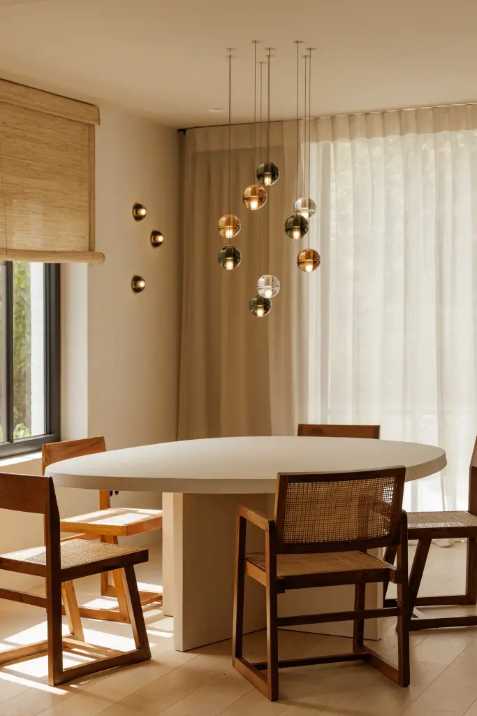Eethoek met organische ronde tafel, houten stoelen met rieten rug en glazen hanglampen, Villarenovatie in Knokke, interieur Laura Calleeuw