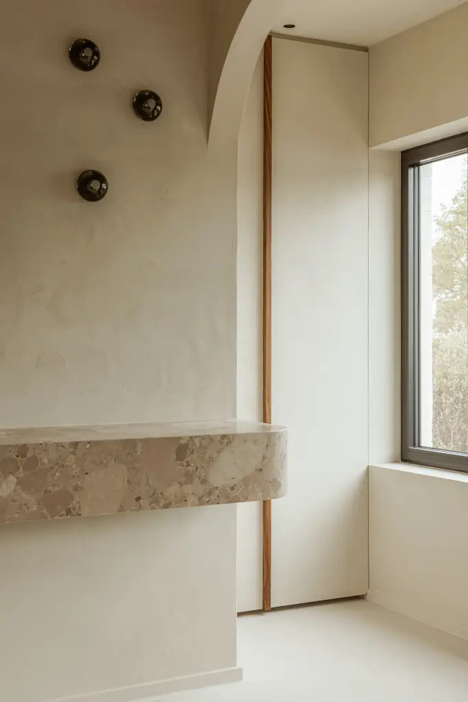 Natuurstenen blad onder een raam met bronzen wandlampjes in de gepleisterde wand, Villarenovatie in Knokke, interieur Laura Calleeuw