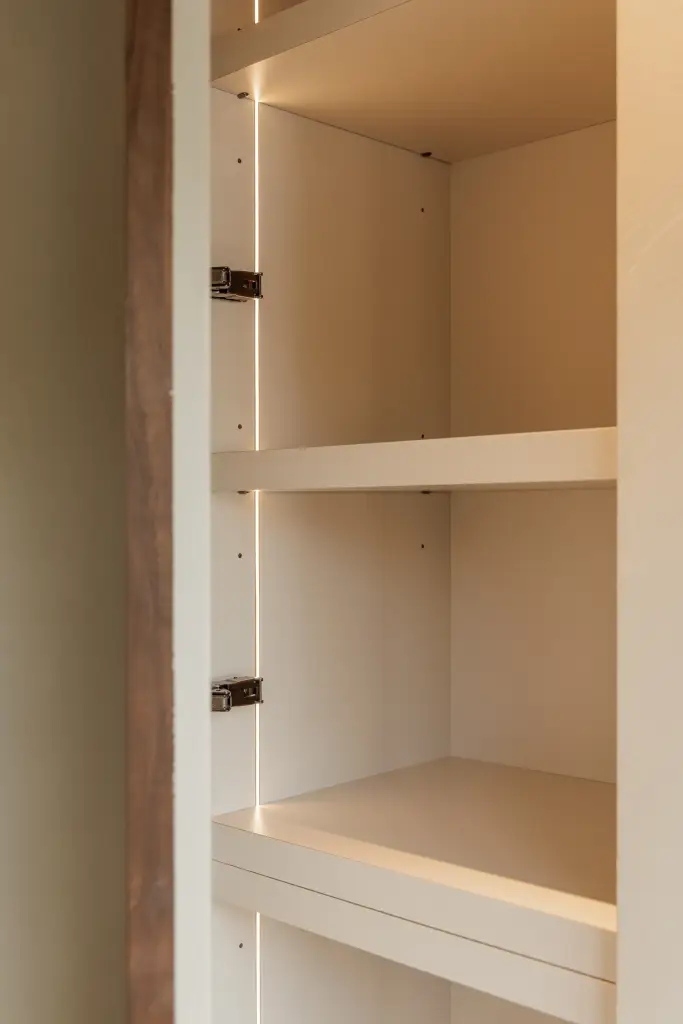 Open kast met witte planken en scharnieren, Villarenovatie in Knokke, interieur Laura Calleeuw