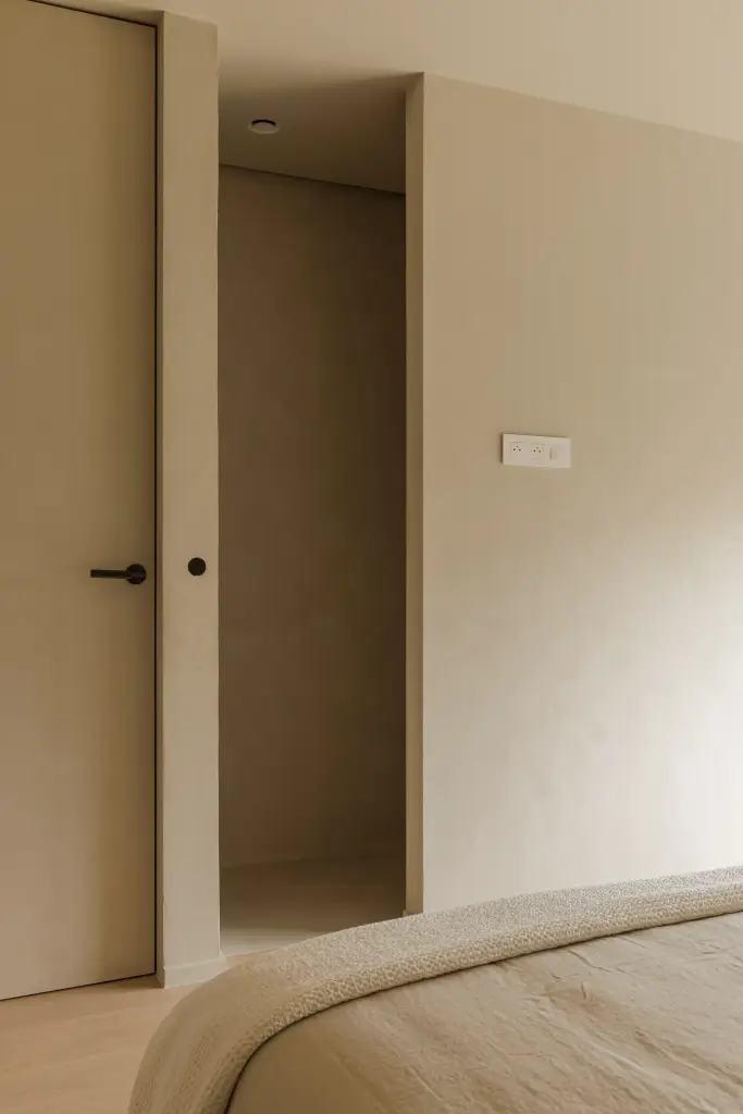 Slaapkamer met bed, deur en een raam met roman blind, Villarenovatie in Knokke, interieur Laura Calleeuw