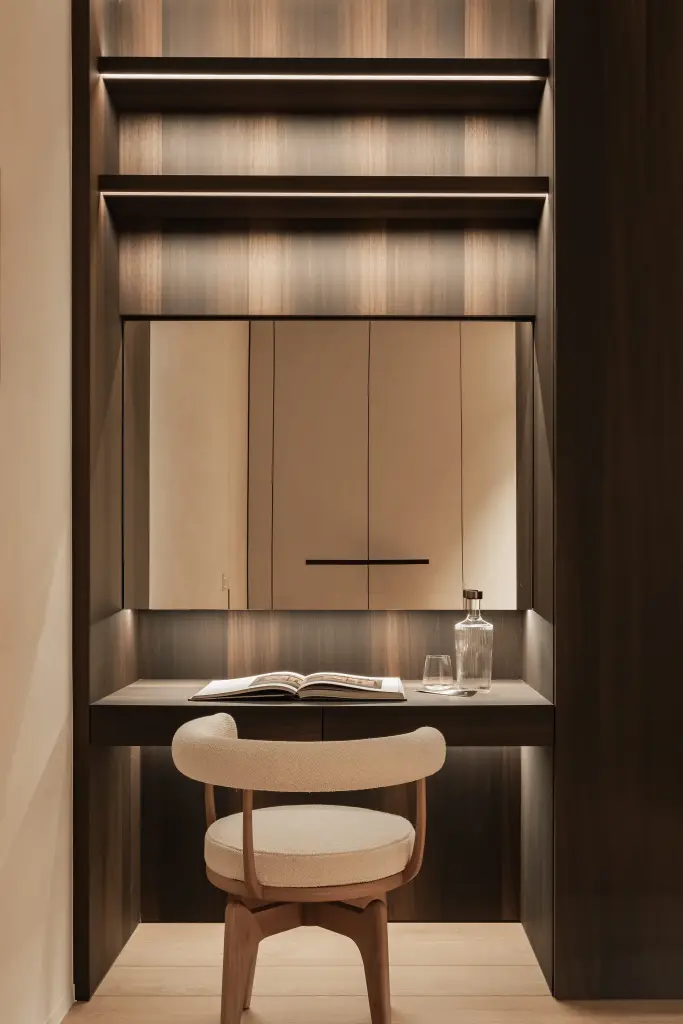 Bureaunis in notelaar met verlichte planken, ronde stoel en een open boek, Penthouse in Kortrijk, interieur Laura Calleeuw