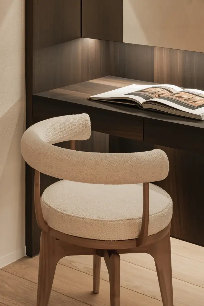 Stoel met ronde rug in bouclé met houten frame aan het bureau, Penthouse in Kortrijk, interieur Laura Calleeuw