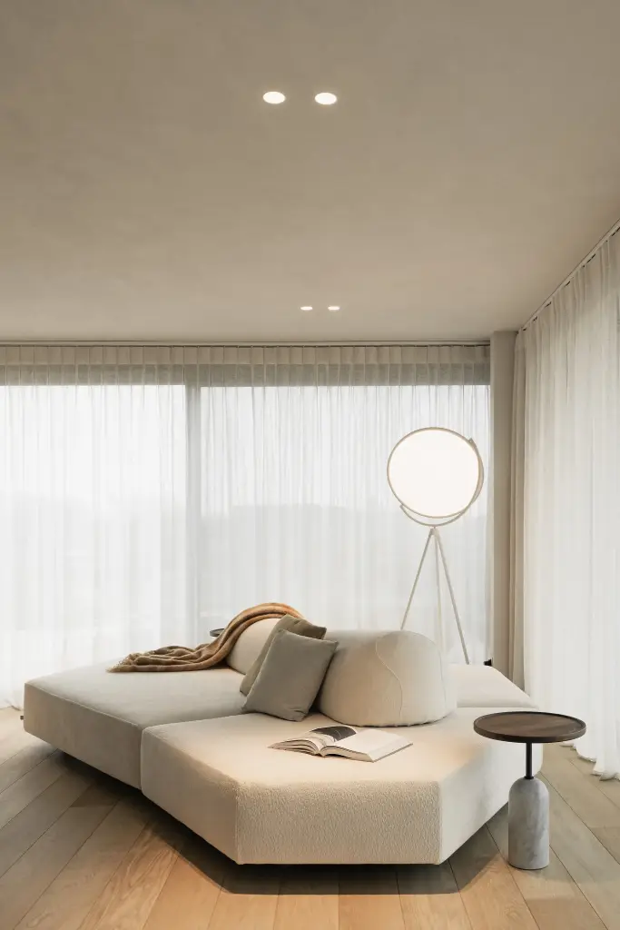 Sofa met plaid, bijzettafel en een staande lamp voor het raam, Penthouse in Kortrijk, interieur Laura Calleeuw