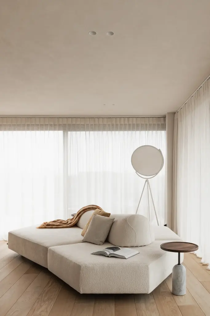 Sofa met plaid, bijzettafel en een staande lamp voor het raam, Penthouse in Kortrijk, interieur Laura Calleeuw