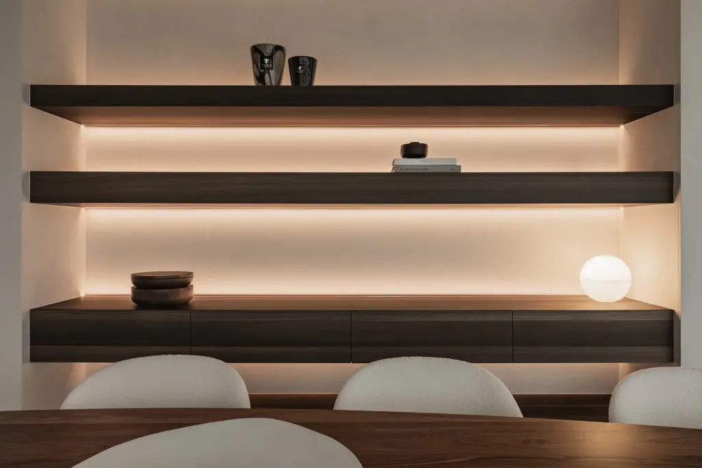 Zwevende planken en dressoir in notelaar met vazen, een schaal en een kleine lamp, Penthouse in Kortrijk, interieur Laura Calleeuw