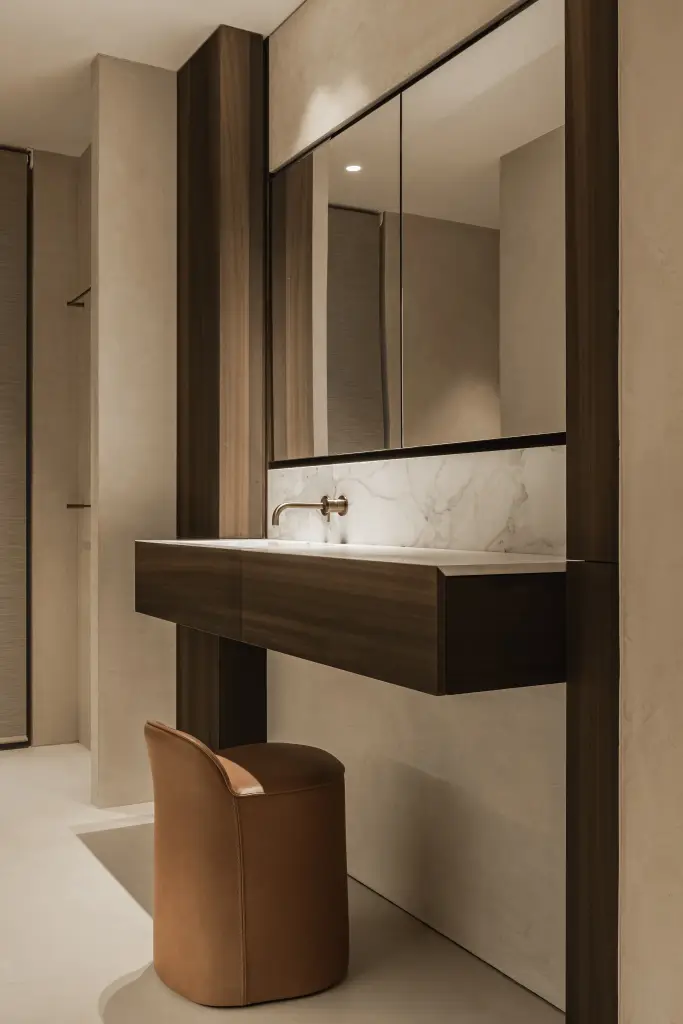 Zwevend wastafelmeubel met spiegelkast en een leren stoel, Penthouse in Kortrijk, interieur Laura Calleeuw