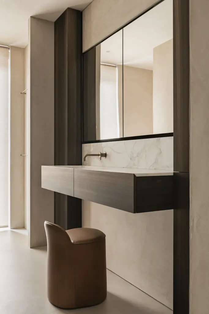 Zwevend wastafelmeubel met spiegelkast en een leren stoel, Penthouse in Kortrijk, interieur Laura Calleeuw