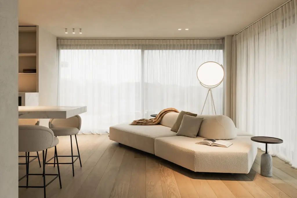 Leefruimte met lage sofa, zwarte salontafel, staande lamp en groot raam met vitrage, Penthouse in Kortrijk, interieur Laura Calleeuw