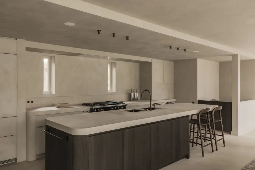 Keuken met eiland in donker eiken en natuursteen, barkrukken, fornuis en spots, Hoeve in Hansbeke, interieur Laura Calleeuw