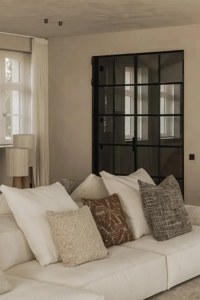 Sofa met kussens in verschillende texturen voor stalen deuren, Hoeve in Hansbeke, interieur Laura Calleeuw