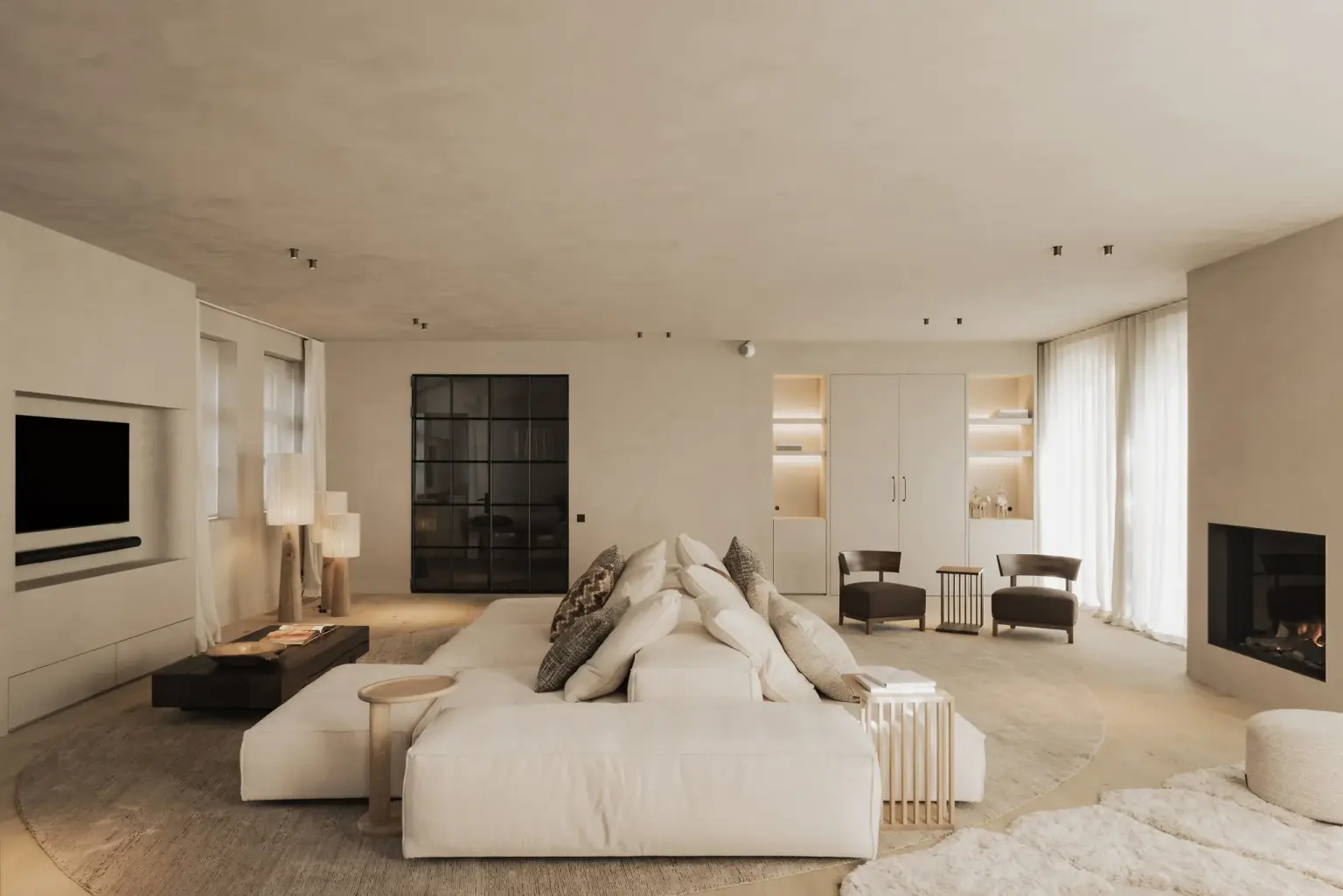 Ruime woonkamer met lage hoeksofa, open haard, televisie en stalen deuren, Hoeve in Hansbeke, interieur Laura Calleeuw