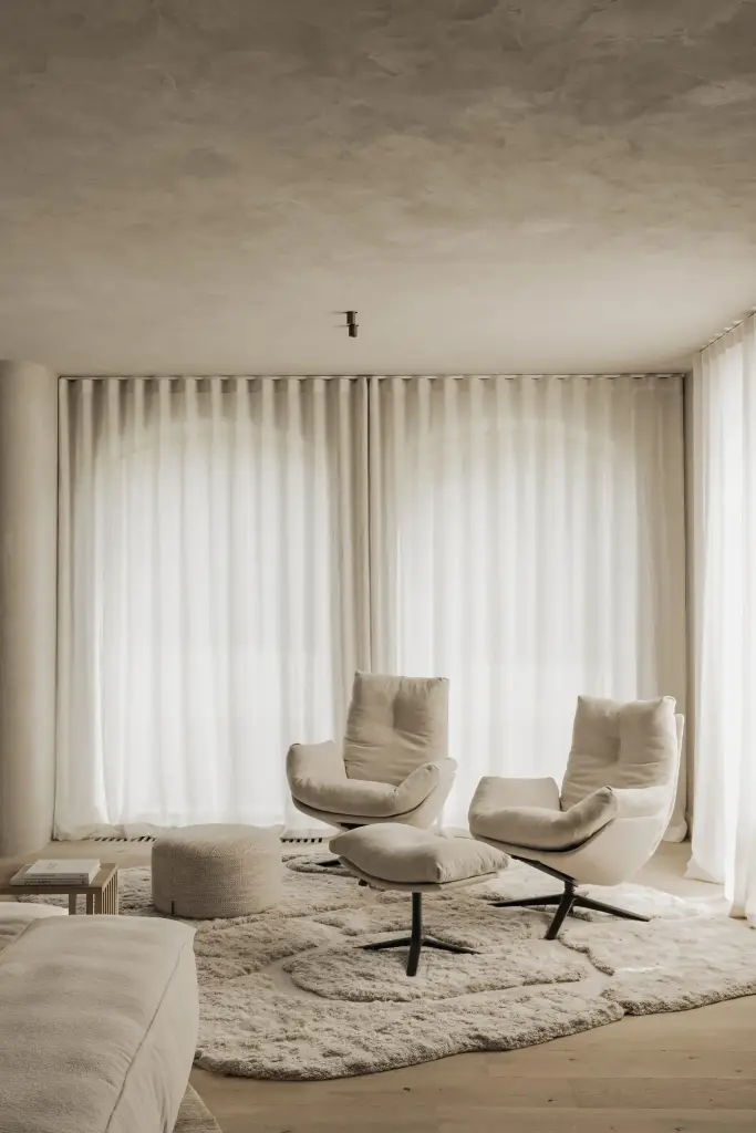 Zithoek met twee draaifauteuils, een poef en een vachtkleed voor hoge vensters, Hoeve in Hansbeke, interieur Laura Calleeuw