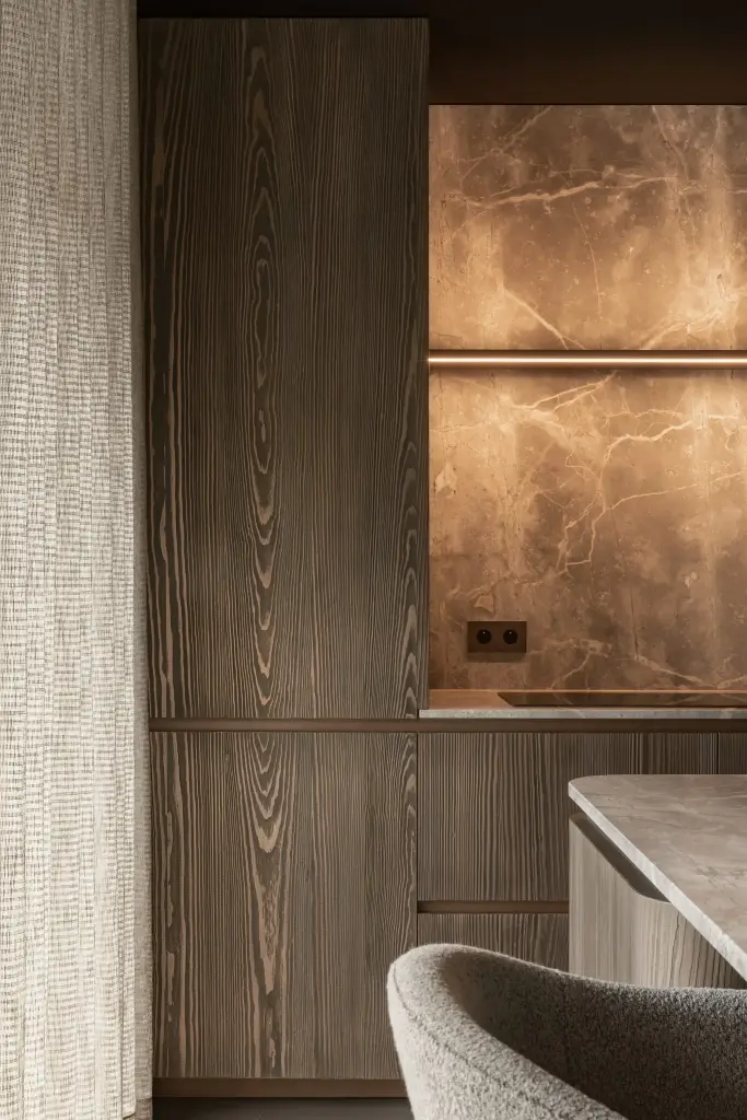 Hoge kast in gebeitst hout naast een natuurstenen nis met stopcontacten en een barkruk, a space that changes with the rhythm of the day, interieur Laura Calleeuw