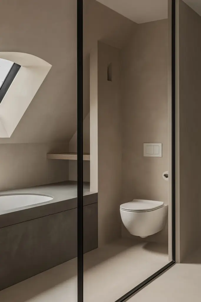 Badkamer onder het schuine dak met ligbad, hangtoilet en stalen glaswand, where architecture creates space for experience, interieur Laura Calleeuw