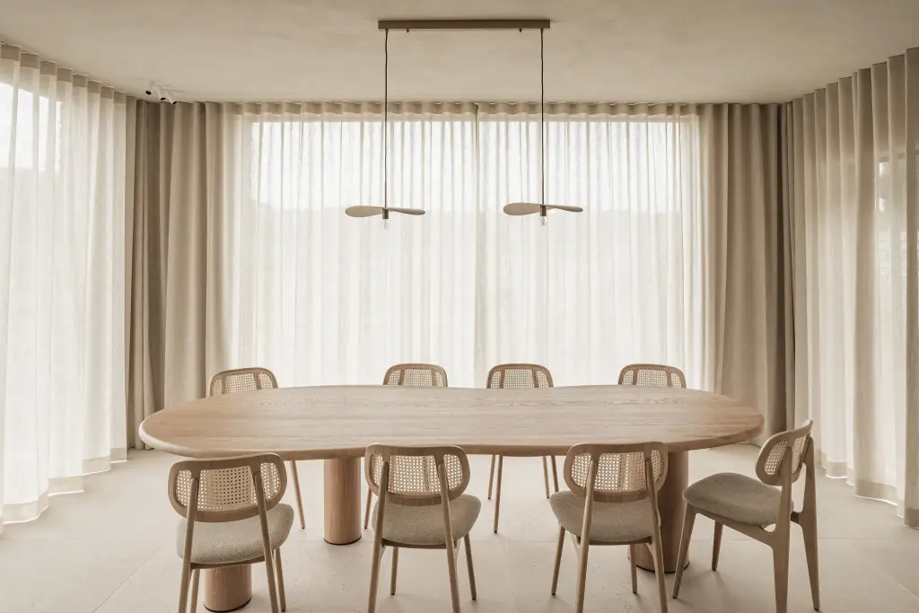 Eetruimte met ovale eiken tafel, rotan stoelen en lange gordijnen, where architecture creates space for experience, interieur Laura Calleeuw