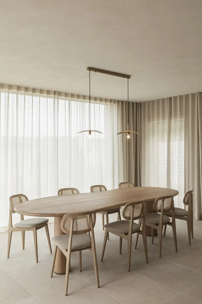 Eetruimte met ovale eiken tafel, rotan stoelen en lange gordijnen, where architecture creates space for experience, interieur Laura Calleeuw