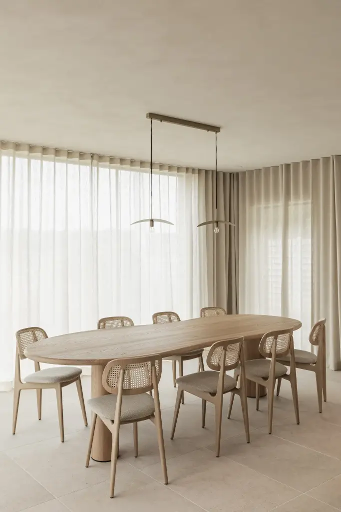 Eetruimte met ovale eiken tafel, rotan stoelen en lange gordijnen, where architecture creates space for experience, interieur Laura Calleeuw