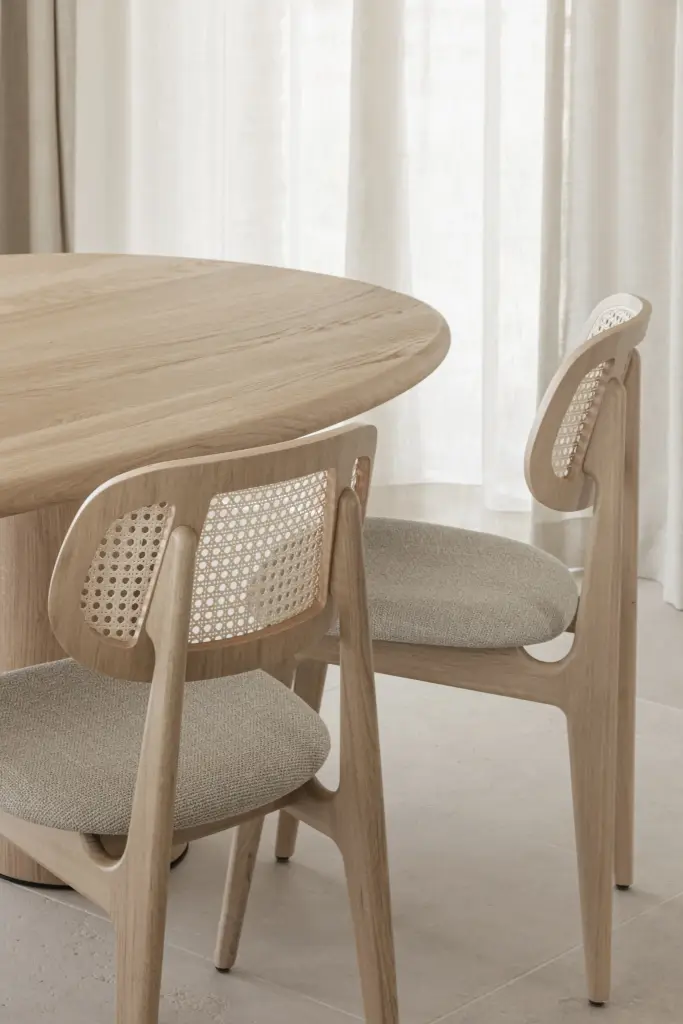 Rotan eetstoelen aan de ovale eiken tafel voor het gordijn, where architecture creates space for experience, interieur Laura Calleeuw