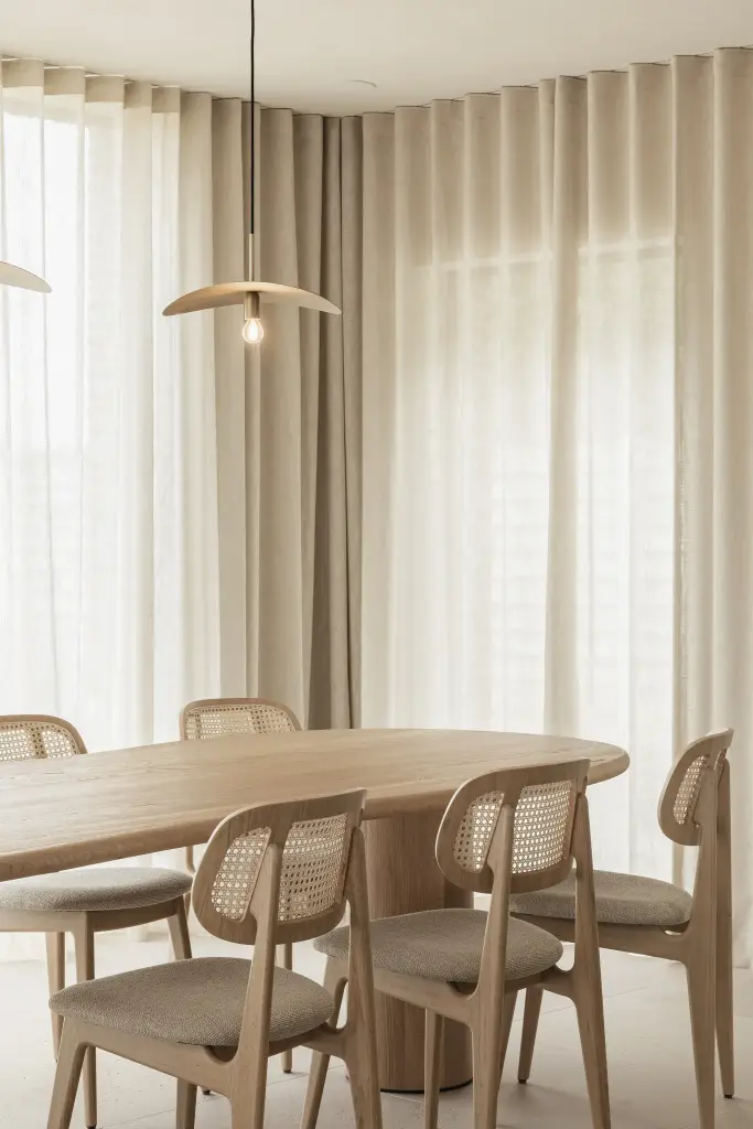 Rotan eetstoelen aan de ovale eiken tafel voor het gordijn, where architecture creates space for experience, interieur Laura Calleeuw