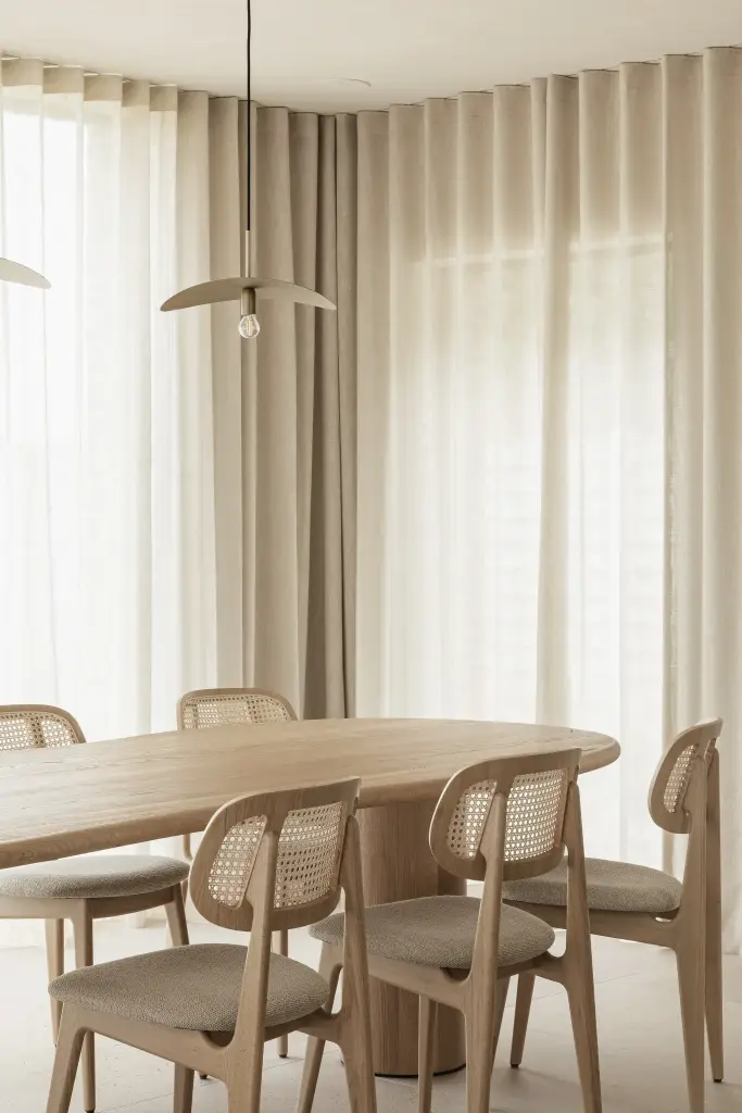 Rotan eetstoelen aan de ovale eiken tafel voor het gordijn, where architecture creates space for experience, interieur Laura Calleeuw