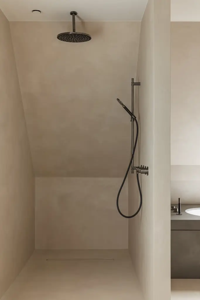 Inloopdouche met regendouche en handdouche in microcement, where architecture creates space for experience, interieur Laura Calleeuw