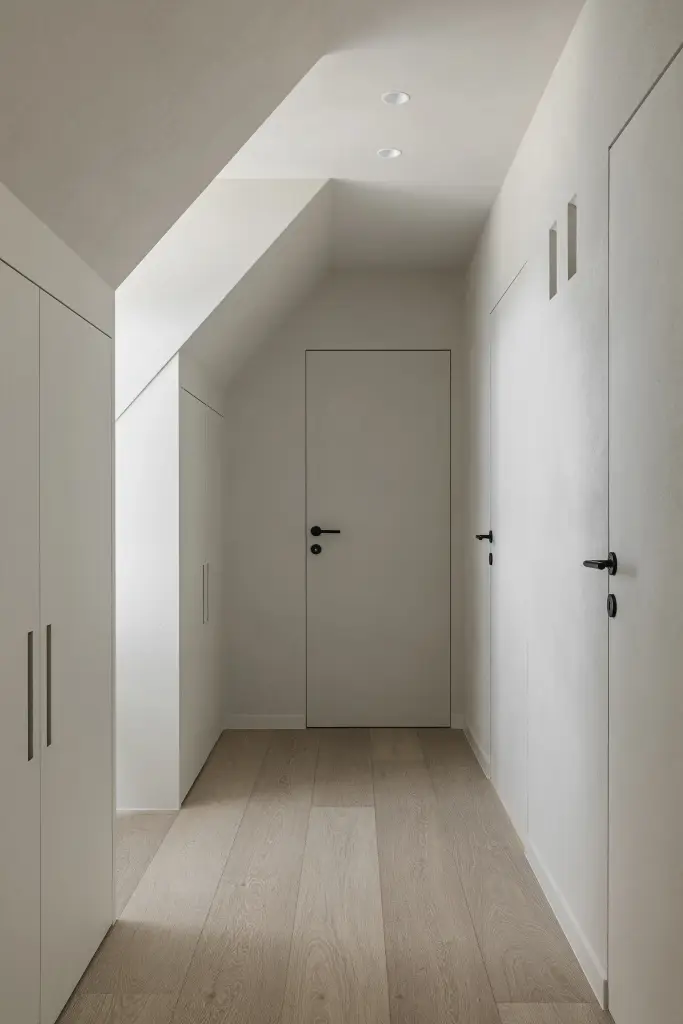 Overloop met kastenwand onder het schuine dak en eikenhouten vloer, where architecture creates space for experience, interieur Laura Calleeuw