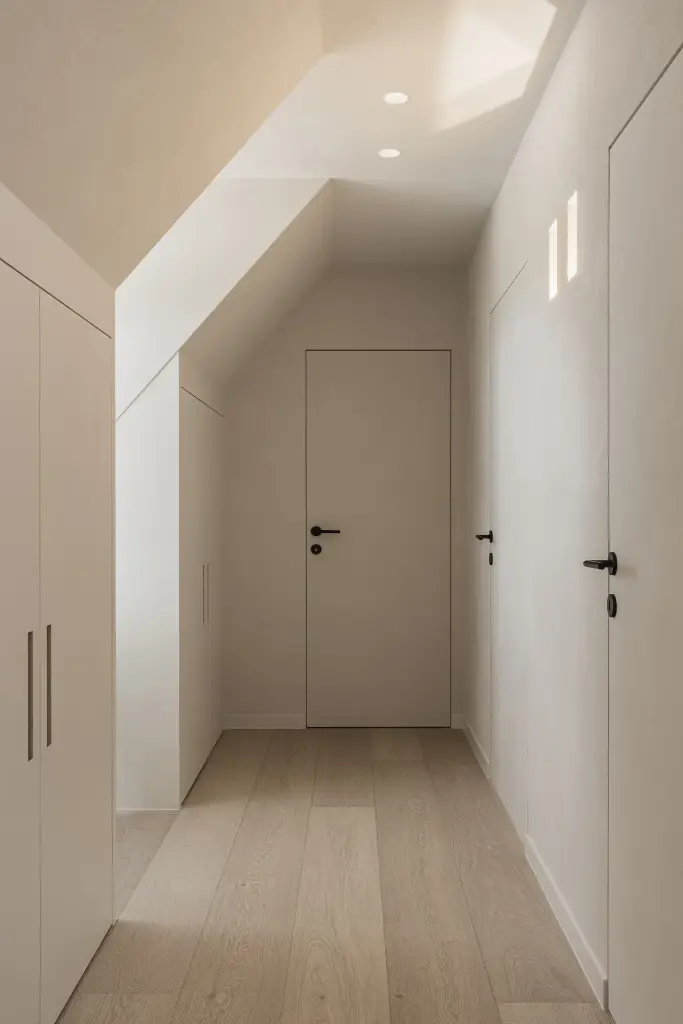 Overloop met kastenwand onder het schuine dak en eikenhouten vloer, where architecture creates space for experience, interieur Laura Calleeuw